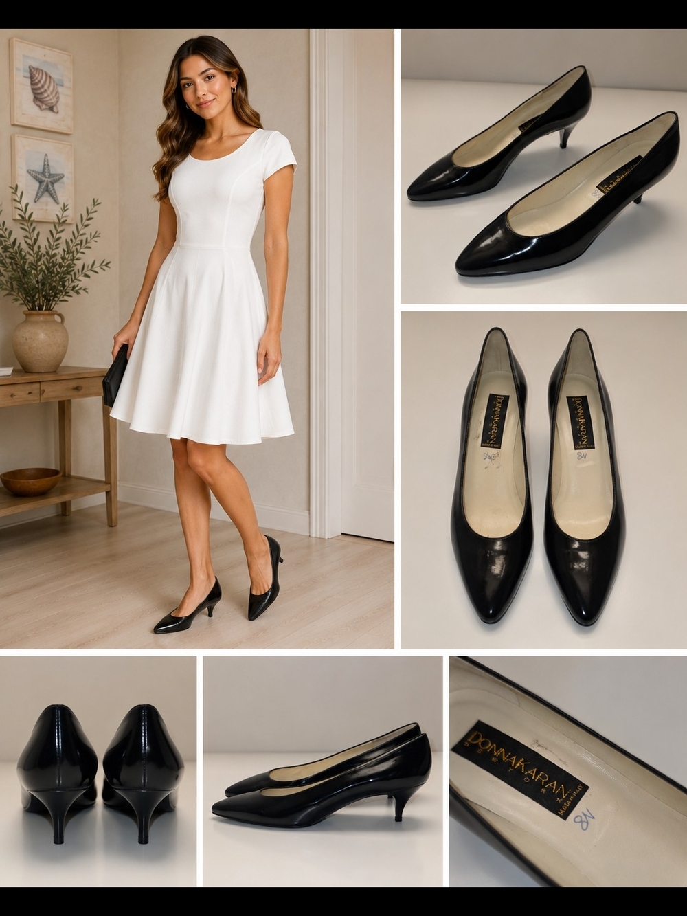 Donna Karan Made in Italy Black Leather Kitten Heel Pumps Size 8N Vintage